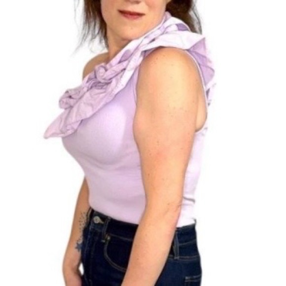 Express Bodysuit - Small - Lilac Light Vibrant Purple One Shoulder with Ruffles - Picture 4 of 8